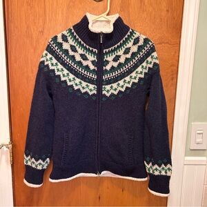 Women’s LL Bean Fair Isle Nordic Zip Up Sweater XS Lambs Wool Fully Lined